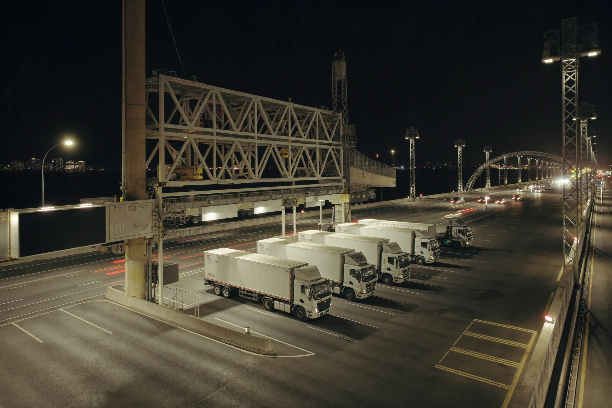 Night highway with a fleet of trucks — the operation as a person sees it
